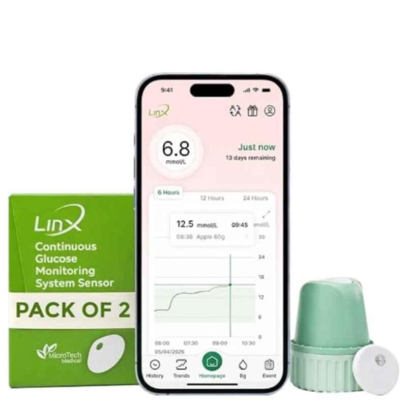 LinX Smart Continous Glucose Monitoring Device with Bluetooth Enabled for Real Time Sugar Tracking, AABOCGMPK2 (Pack of 2)