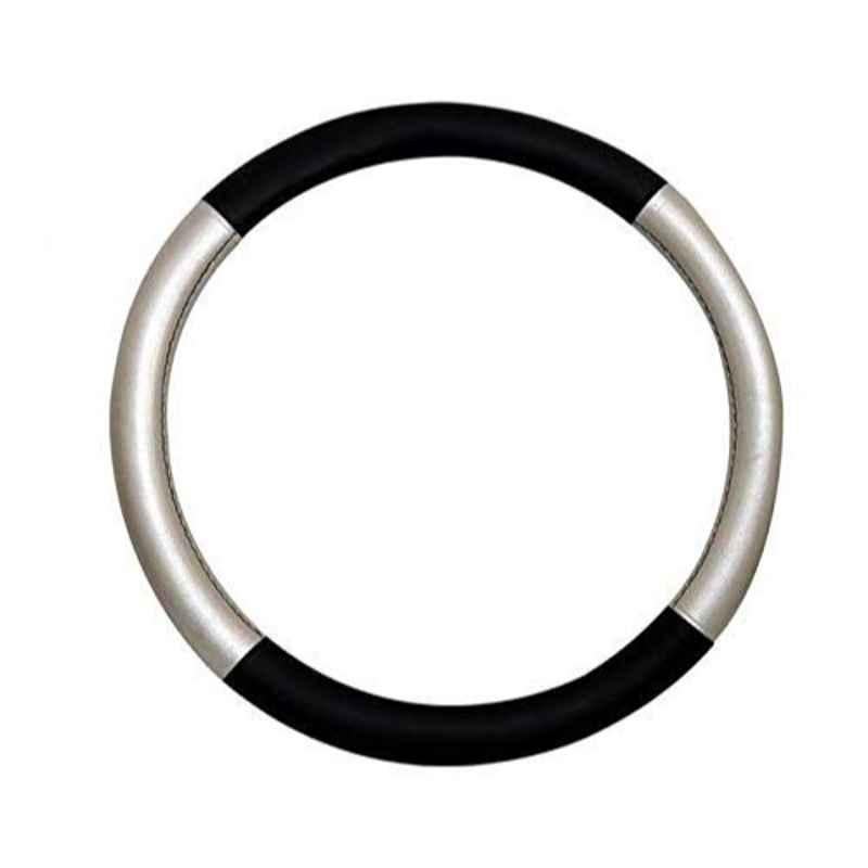 Enexoya SC105480 Leather Black & Silver Stichable Car Steering Cover for Fiat Palio, 105480