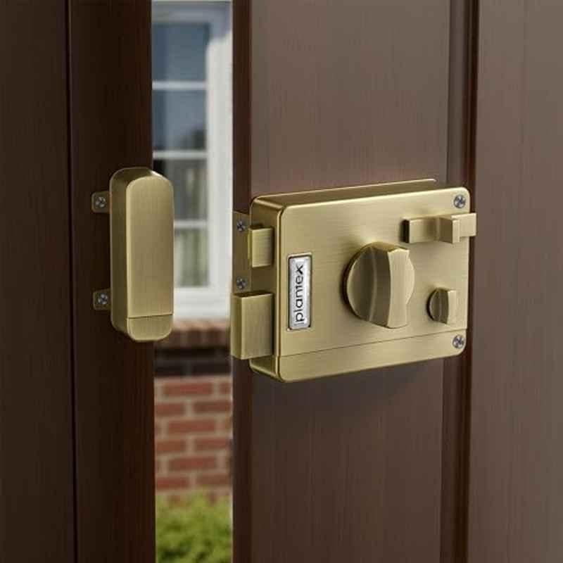 Plantex Brass & GI Steel Heavy Duty Night Latch Door Lock with Key & Knob for Main Door/Inside Opening for Home, Hotel, Office Antique Brass