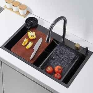Happy Homes Stainless Steel 304 Grade Single Bowl Kitchen Sink 24x18x10 inch Black Waterfall Workstation with Pull-Down Faucet