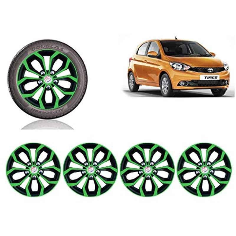 Auto Pearl 4 Pcs 14 inch Black & Green ABS Press Type Hubcap Wheel Cover Set with Retention Ring for Tata Tiago�XTXZ
