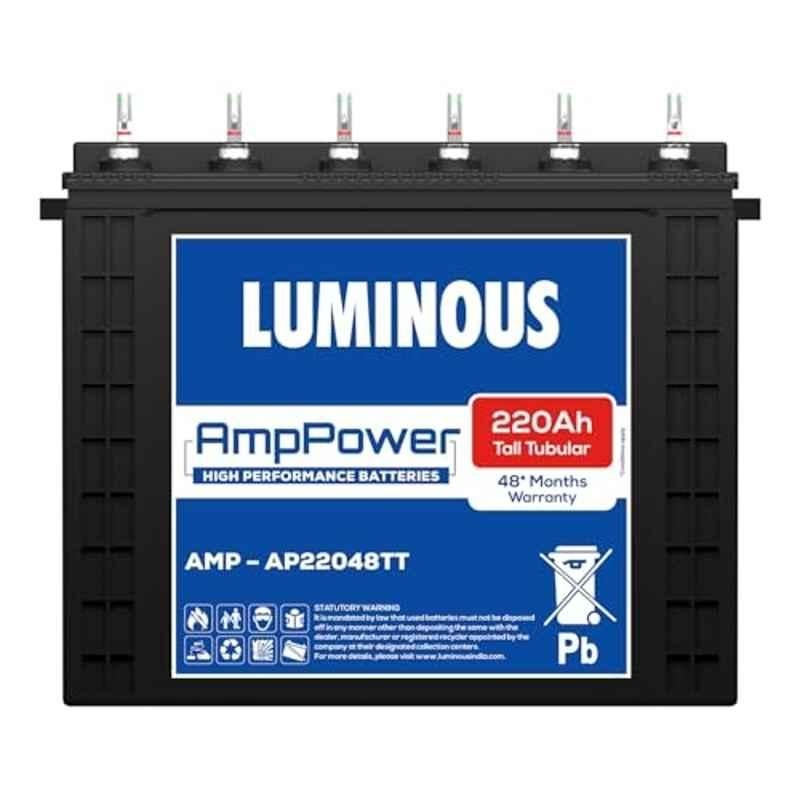 Luminous AmpPower AP22048TT 220Ah Tall Tubular Inverter Battery with 48 Months Warranty for Homes, Offices & Shops, F1160C918220