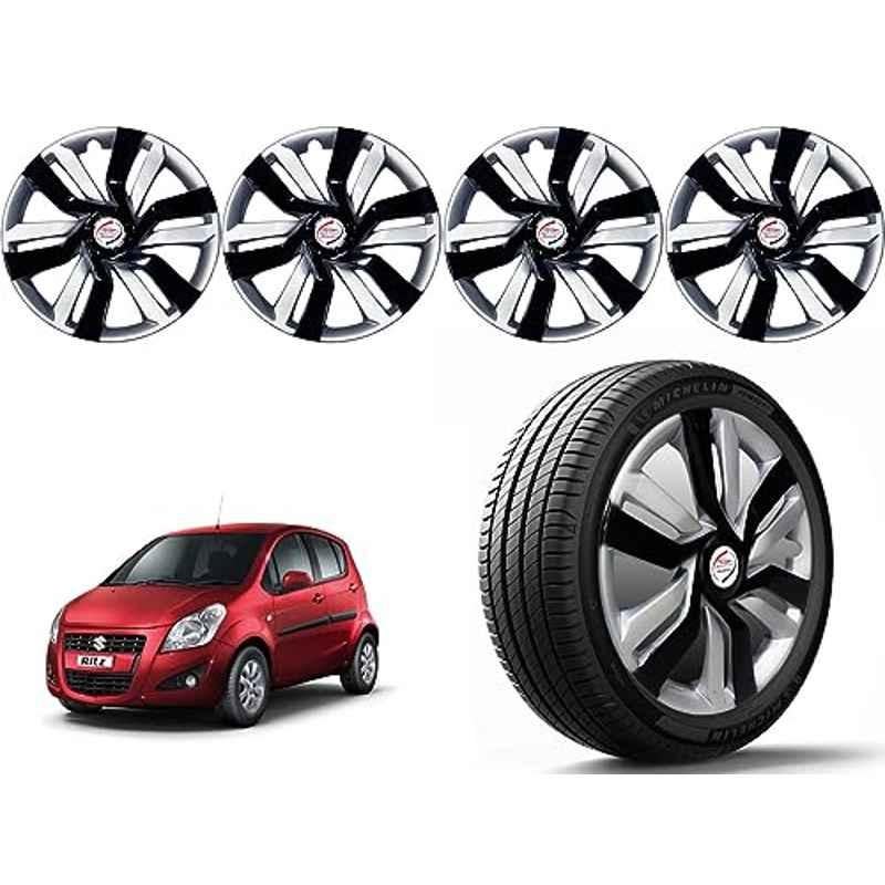 Auto Pearl 4 Pcs 14 inch Polypropylene Black & Silver Press Type Car Wheel Cover Set with Retention Ring for Maruti Suzuki Ritz Type 2 2015-2017, 14WC_Idtec_Rev_RitzType2_2015_17