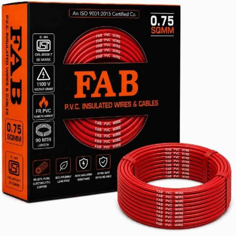 FAB 0.75 Sqmm Single Core Red FR PVC CCS Copper Insulated House Wire, Length: 91 m