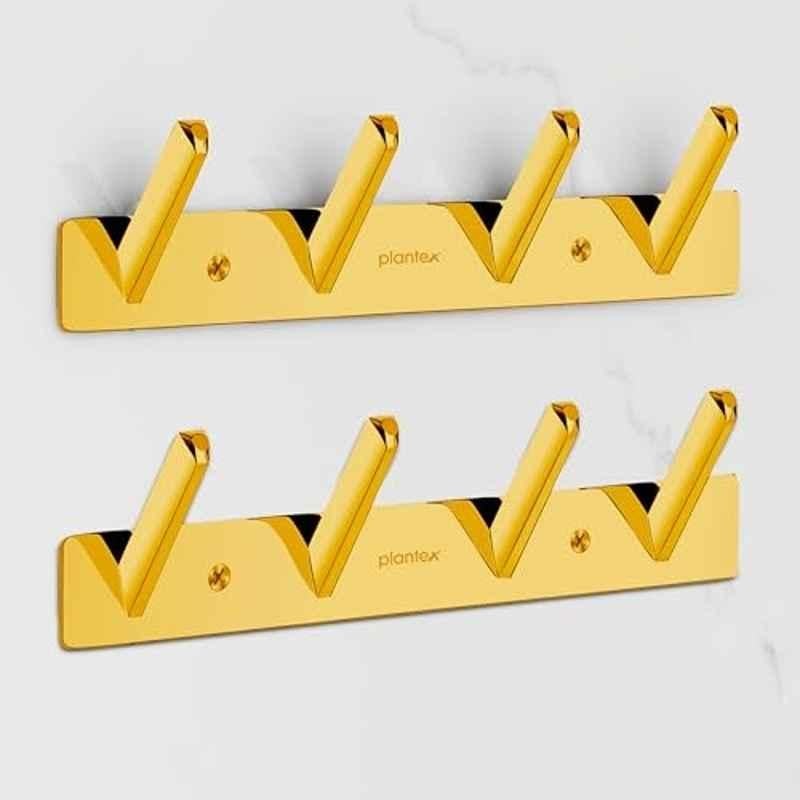 Plantex Wall Hooks for Hanging Cloth/Stainless Steel Towel Hangers/Bathroom Robe Hooks/Door Hangers/Square Wall Hook/Hook Rail for Hanging Keys 4 Hooks (Pack of 2), PVD Gold