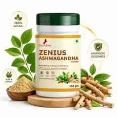 Zenius India 100g Ashwagandha Powder with Tulsi, Black Pepper, Mulethi, Amla & Ginger for Reduces Stress, Anxiety, Boosts Energy & Stamina