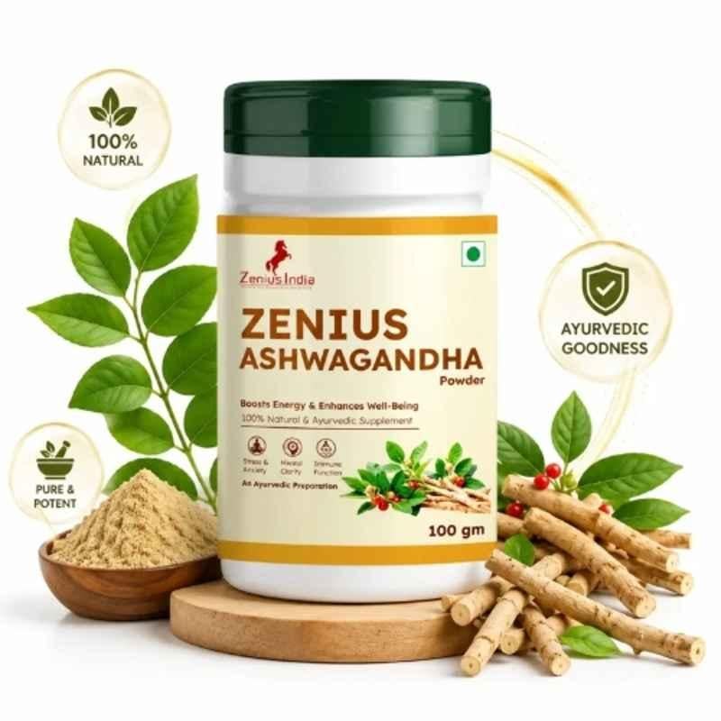 Zenius India 100g Ashwagandha Powder with Tulsi, Black Pepper, Mulethi, Amla & Ginger for Reduces Stress, Anxiety, Boosts Energy & Stamina