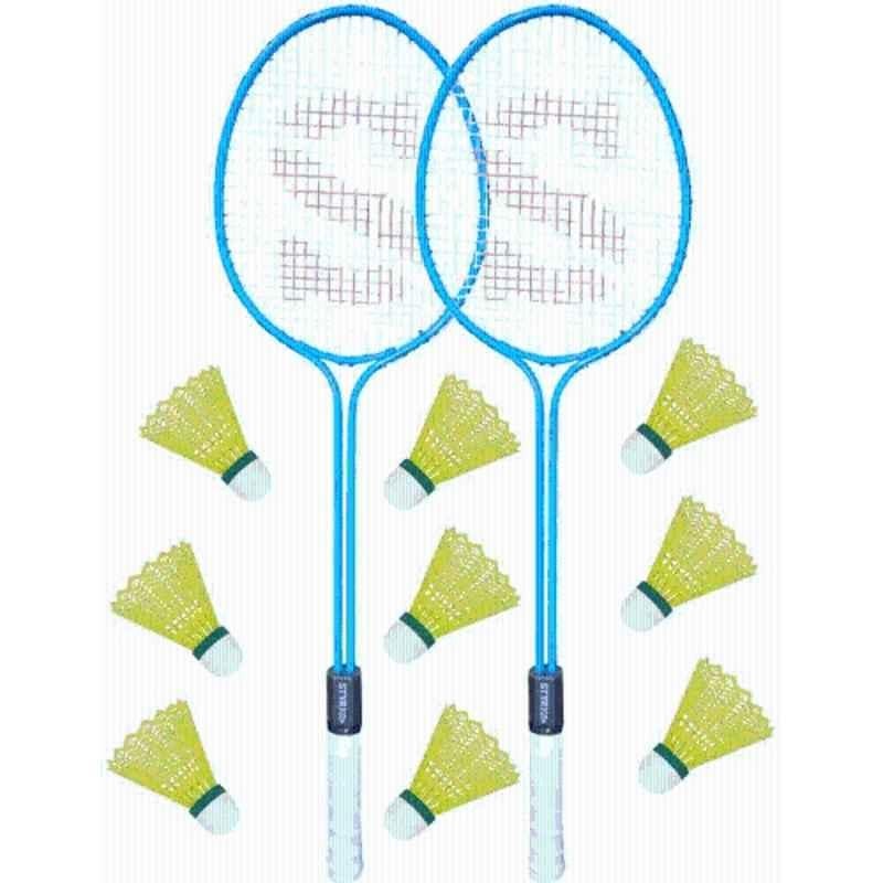 STYRKR Alloy Steel Blue Badminton Racquet Set of 2 Steel Frame with Shuttlecocks Pack of 9 Badminton Kit