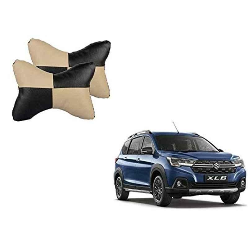 Kozdiko 2 Pcs Black & Beige Car Square Chess Design Neck Rest Seat Pillow Set for Maruti Suzuki XL6