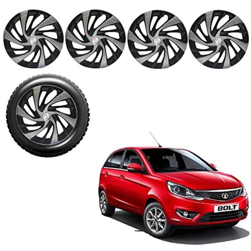 Auto Pearl 4 Pcs 15 inch Silver & Black ABS Press Type Hubcap Wheel Cover Set with Retention Ring for Tata Bolt XT Model