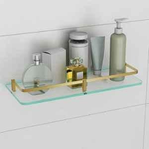 Plantex Frosted Glass Shelf for Bathroom/Shelf with Brass Railings and Brackets/Shelf for Living Room/Bedroom/Kitchen 15x6 inch, Antique Brass