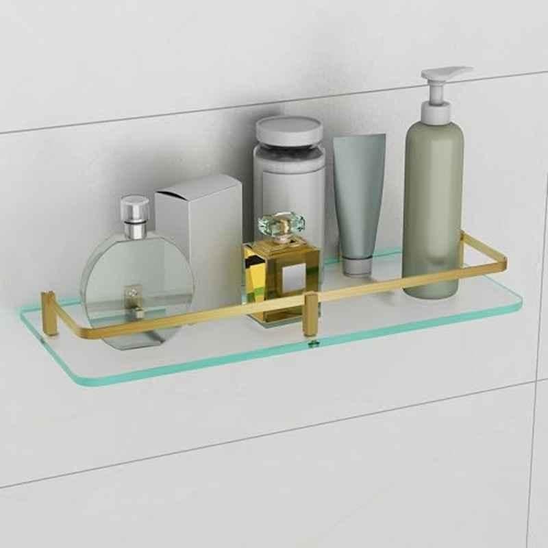 Plantex Frosted Glass Shelf for Bathroom/Shelf with Brass Railings and Brackets/Shelf for Living Room/Bedroom/Kitchen 15x6 inch, Antique Brass