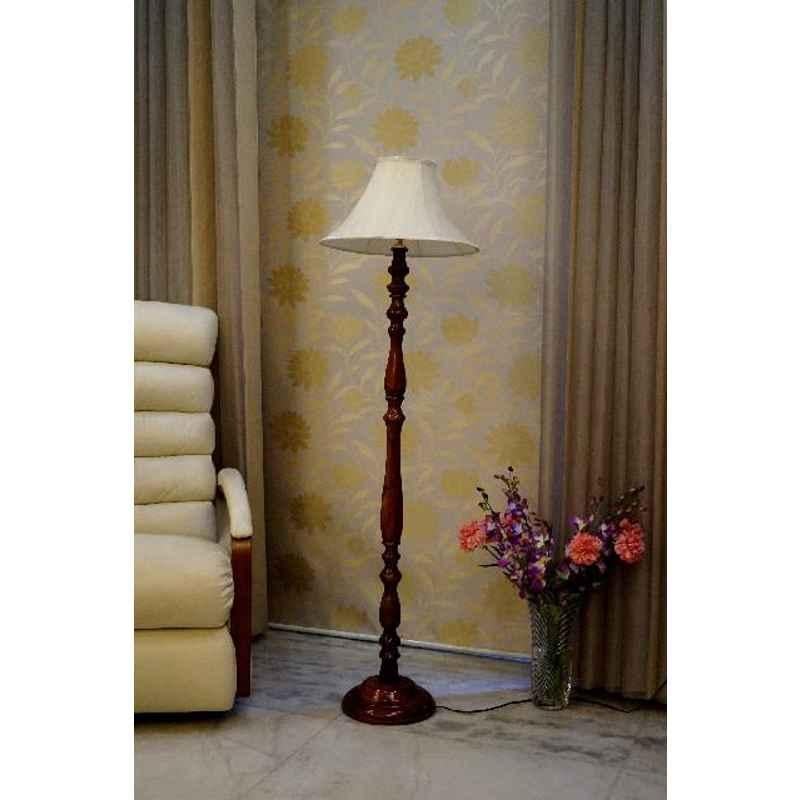 Tucasa Royal Brown Mango Wood Floor Lamp with Off White Conical Polycotton Shade, WF-94