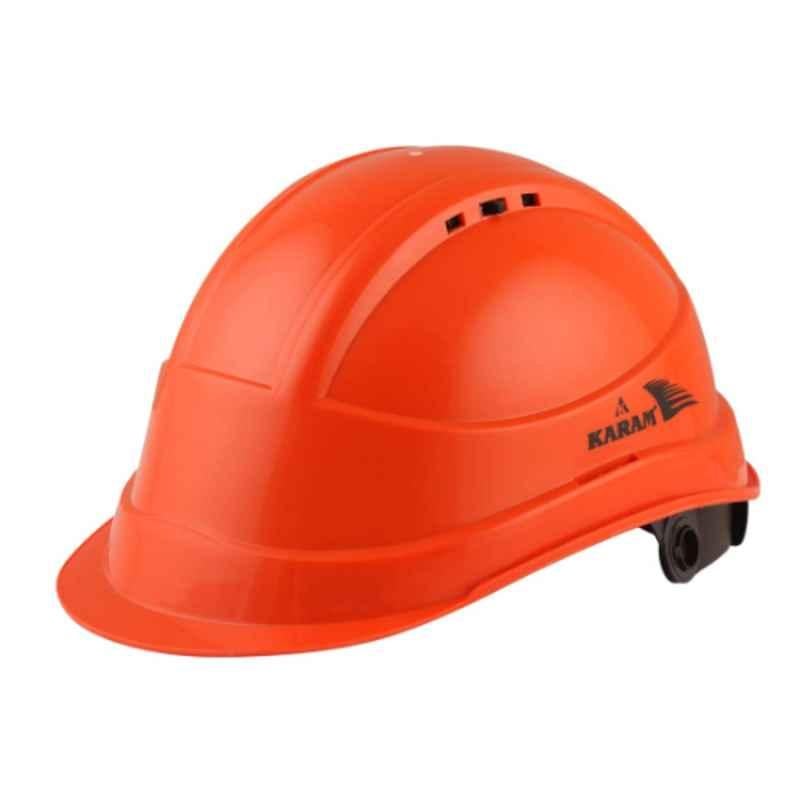 Karam Chrome Orange Unassembled Safety Helmet Shelblast with Peak Plastic Cradle Ratchet Type Adjustment & Chin Strap, PN 542