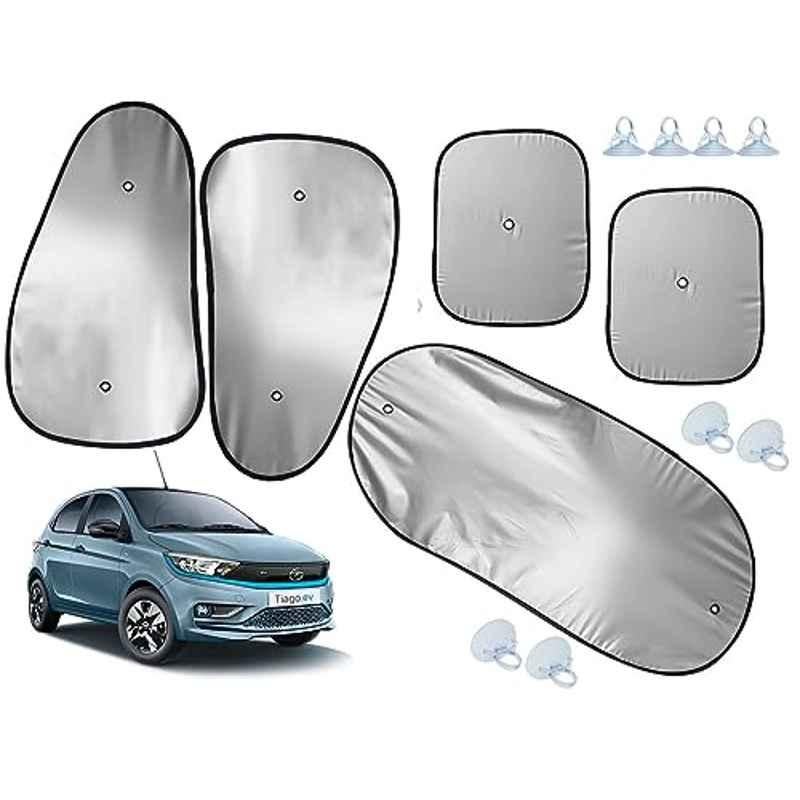 Auto Pearl 5 Pcs Polyester Black & Silver Window & Rear Sun Shade Set for Tata Tiago EV 2022