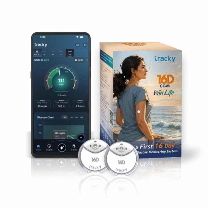 Tracky 16D CGM Continuous Glucose Monitor with 16 Days Wear, Real-Time Glucose Tracking, Smart High & Low Alerts, Factory Calibrated, App with AI Insights, Nightscout Integration, Health & Fitness Integrations (Pack of 2)