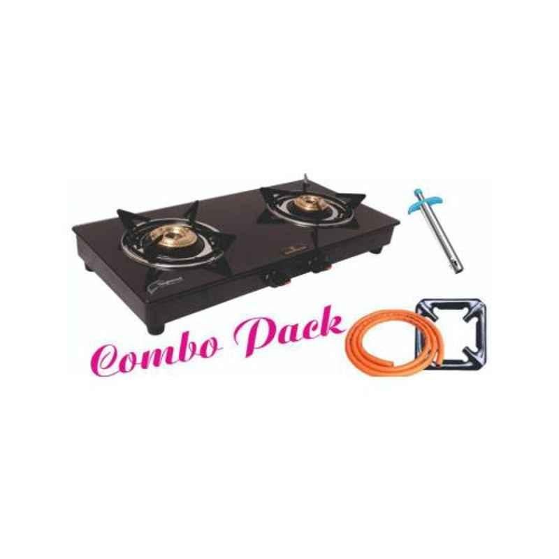 Good Flame Kwid 2 Burners Manual Ignition Glass Gas Stove with Hose Pipe, Lighter, & Mini Ps Ring (Fulka Jali) Combo, GF067