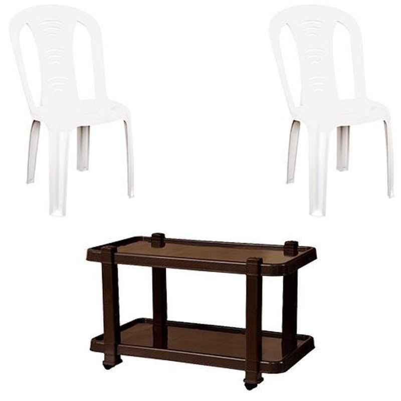 Italica 2 Pcs Polypropylene White Without Arm Chair & Nut Brown Table with Wheels Set, 9306-2/9509