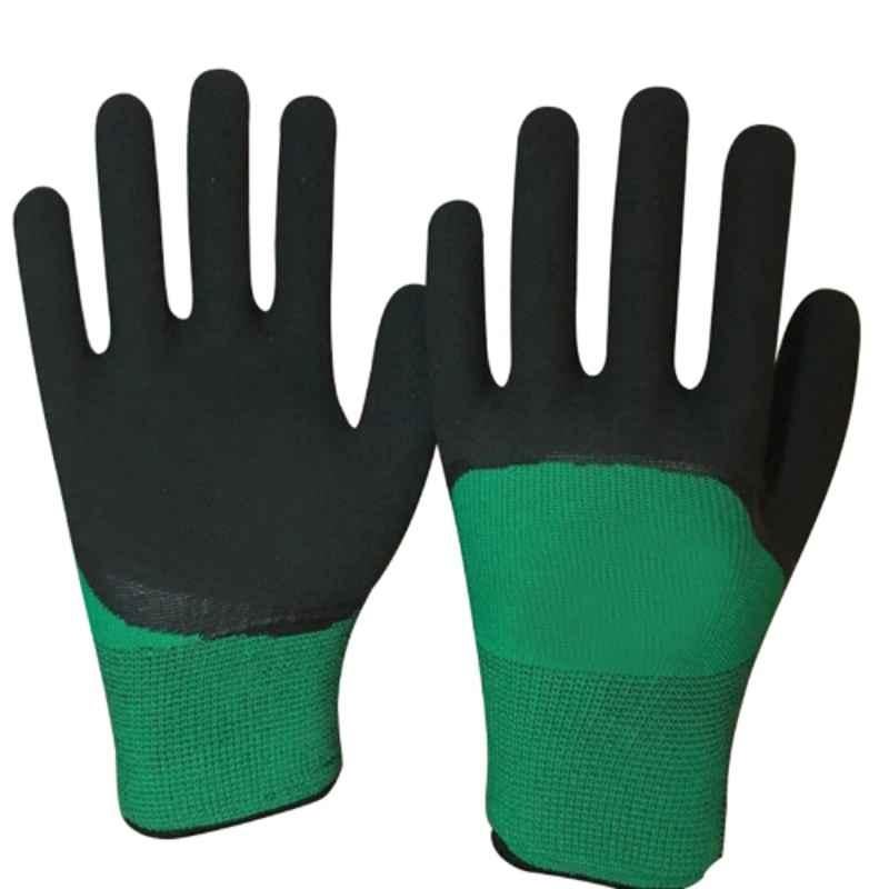 Sai Safety Regular Size Crinkle Palm Latex PU Coated Green & Black Safety Gloves, MG-Glove-003
