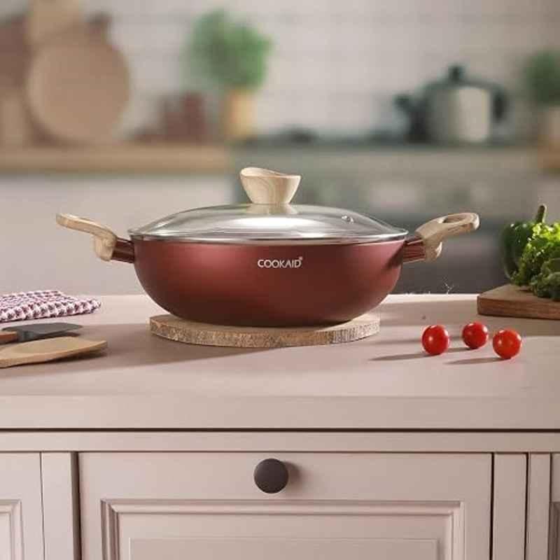 Cookaid Neo Glide 2.5 Litre Aluminium Metallic Cherry Non Stick PTFE Coated Kadhai with Glass Lid, CKD-NS-K24-03