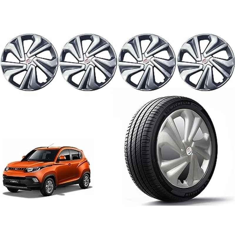 Auto Pearl 4 Pcs 14 inch Polypropylene Silver Press Type Car Wheel Cover Set with Retention Ring for Mahindra KUV 100 2016, 14WC_Tiago_Silver_KUV100_2016