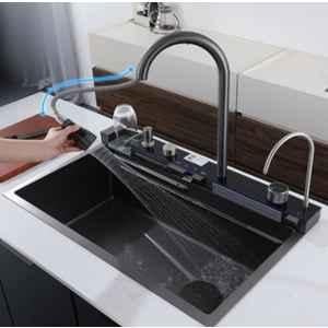 NextGen 28x18x8 inch Stainless Steel 304 Black Single Bowl Digital Integrated Multifunction Waterfall Kitchen Sink with LED Lights & 5 Piano Switch