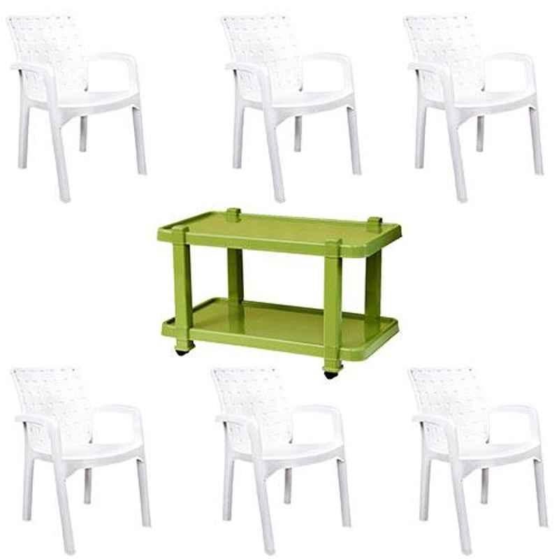 Italica 6 Pcs Polypropylene White Luxury Arm Chair & Green Table with Wheels Set, 9408-6/9509