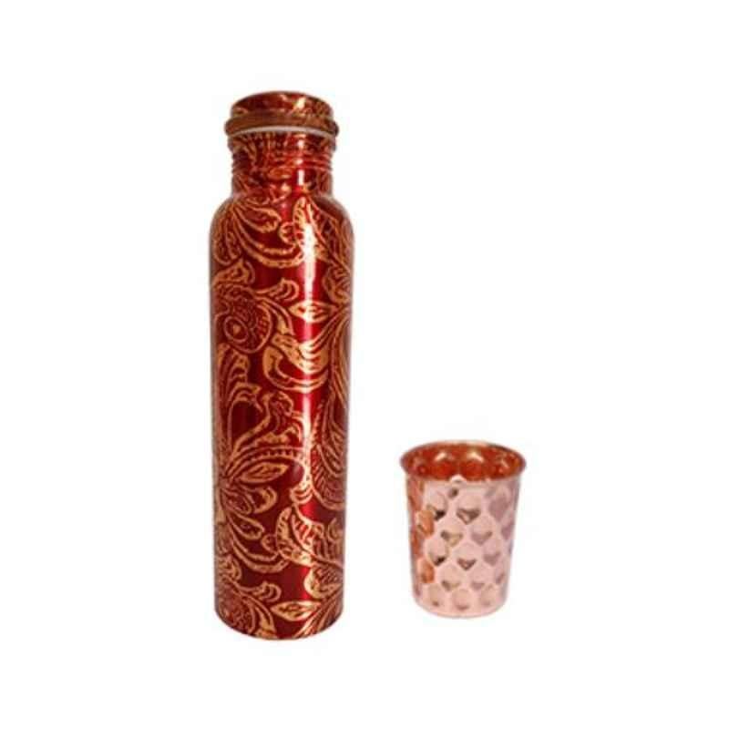 Healthchoice 1000ml Pure Copper Red Leaf Jointless Bottle with Glass (Pack of 2)