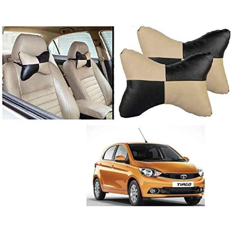 Kozdiko 2 Pcs Black & Beige Car Square Chess Design Neck Rest Seat Pillow Set for Tata Tiago