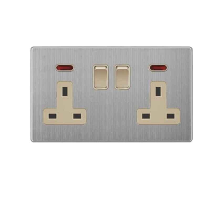 Vmax 13A Golden & Stainless Steel Double Switch Socket with Neon