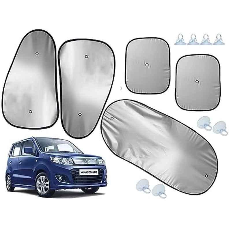 Auto Pearl 5 Pcs Polyester Black & Silver Window & Rear Sun Shade Set for Maruti Suzuki WagonR 2014-2018
