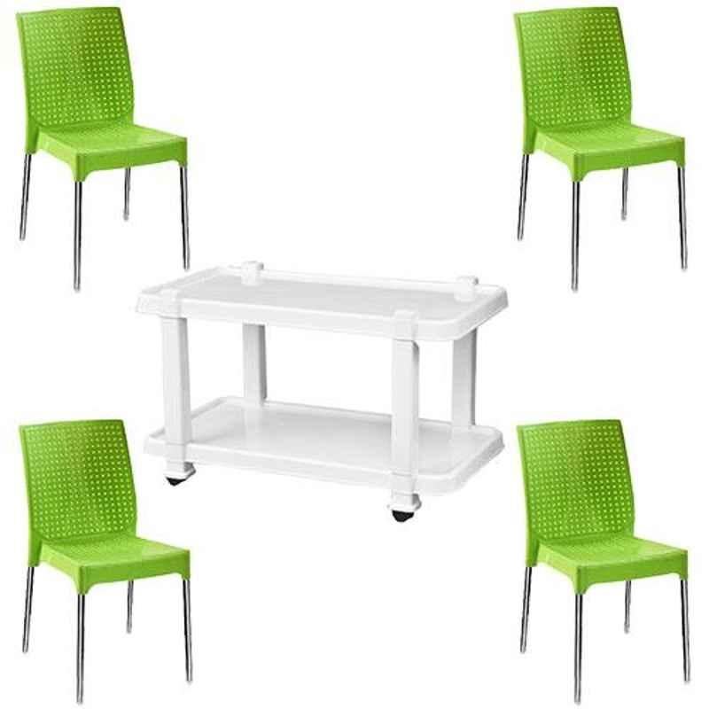 Italica 4 Pcs Polypropylene Green Plasteel without Arm Chair & White Table with Wheels Set, 1206-4/9509