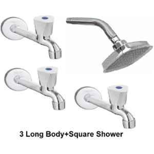 Fastgear 3 Pcs Stainless Steel Chrome Finish Long Body Tap with Square Slim Shower Set