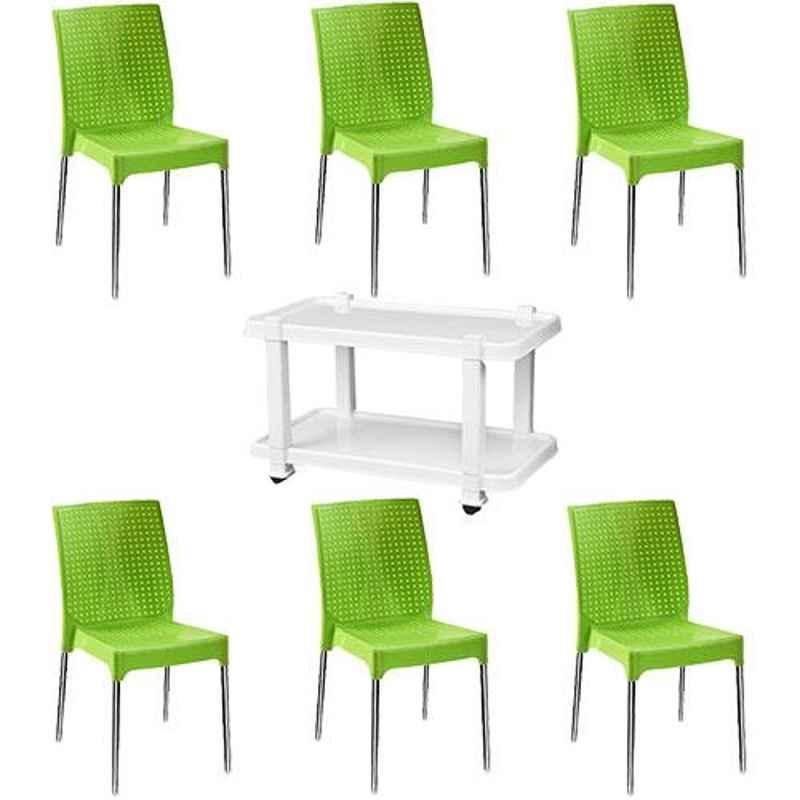 Italica 6 Pcs Polypropylene Green Plasteel without Arm Chair & White Table with Wheels Set, 1206-6/9509
