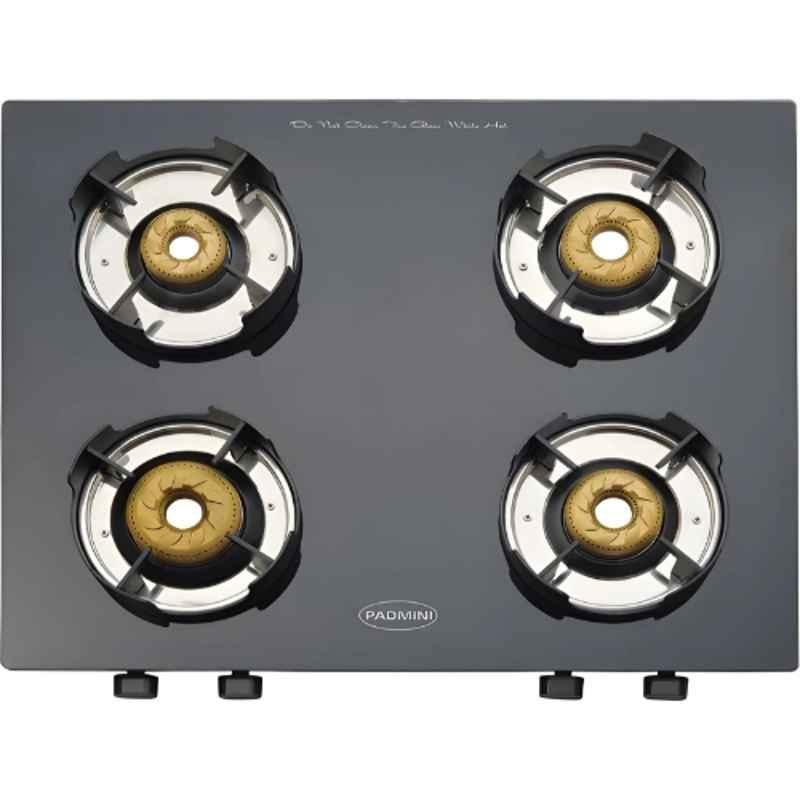 Padmini 4 Burner Stainless Steel Black Automatic Ignition Glass Top Gas Stove, 4 GT Royal Auto