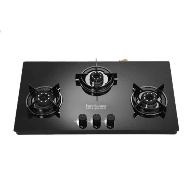 Hindware Coral Blk 3B AI Glass Top Cooktop with 3 Brass Burner & Automatic Ignition, CT 100306