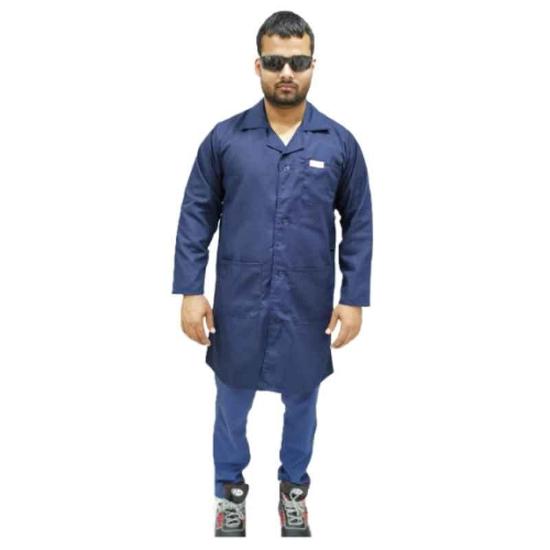 Taha Poplin Navy Full Sleeves Lab Coat with 3 Patch Pocket, Size: L