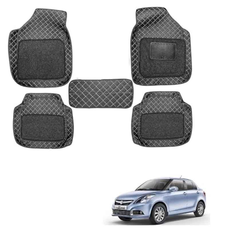 Kozdiko 5 Pcs Waterproof & Luxury 7D Black Leatherette Car Floor Mat Set for Maruti Suzuki Dzire Type-2 2011-2016