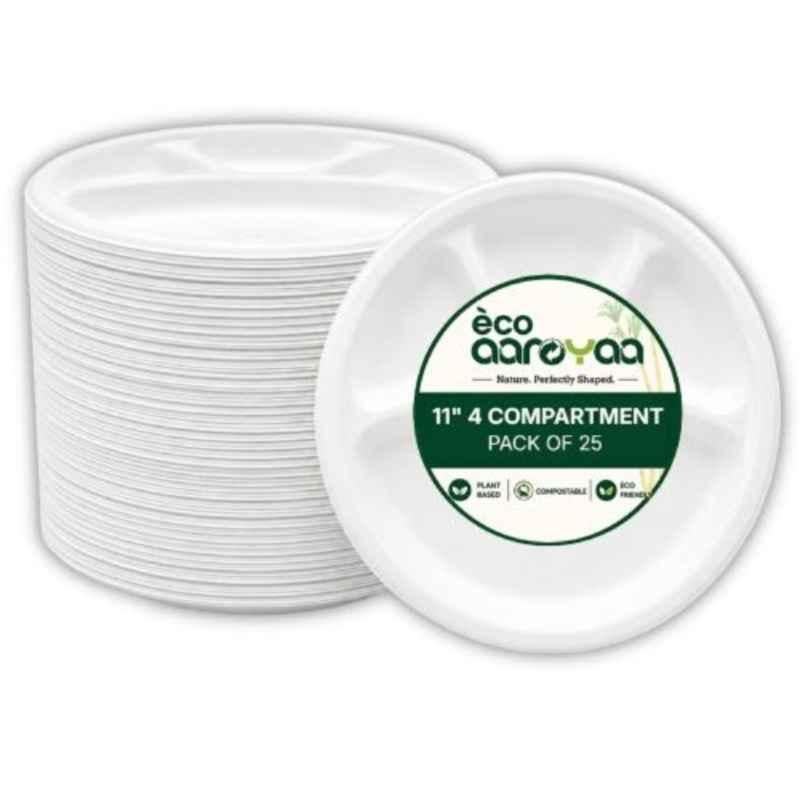 Eco Aaroyaa 11 inch Bagasse Round Disposable Plates with 4 Compartment (Pack of 25)