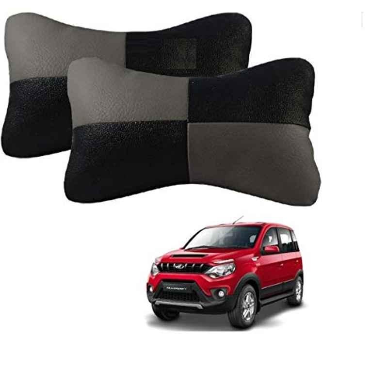 Kozdiko 2 Pcs Leather Grey & Black Neck Rest Car Cushion Pillow Set for Mahindra NuvoSport