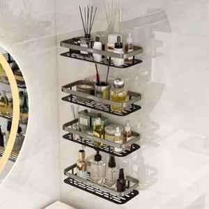 Plantex Self Adhesive Bathroom Shelf for Wall/Stainless Steel Rack with Aluminium Railing & Magic Stickers/Bathroom Organiser Without Drill- Pack of 4 (12x5 inches, Satin & Black)