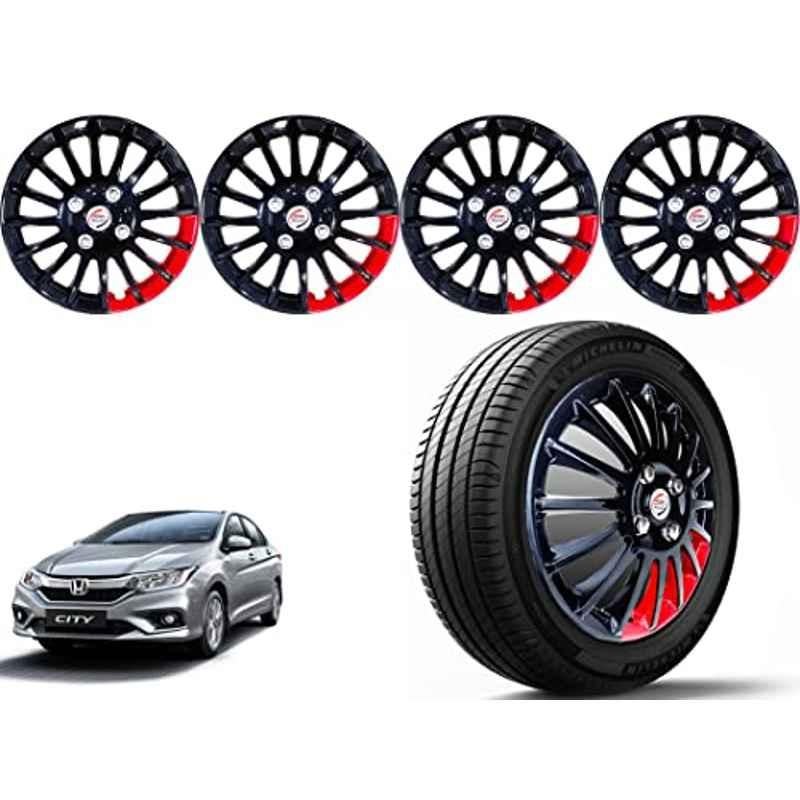 Auto Pearl 4 Pcs 15 inch ABS Black & Red Press Type Car Wheel Cover Set with Retention Ring for Honda City 2019