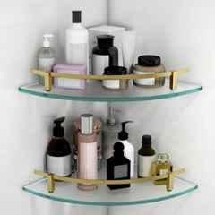 Plantex Premium Frosted Glass Corner Shelf for Bathroom/Glass Shelf/Storage Shelf 12x12 inch, Antique Brass (Pack of 2)