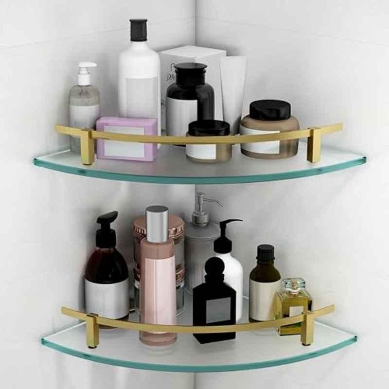 Plantex Premium Frosted Glass Corner Shelf for Bathroom/Glass Shelf/Storage Shelf 12x12 inch, Antique Brass (Pack of 2)