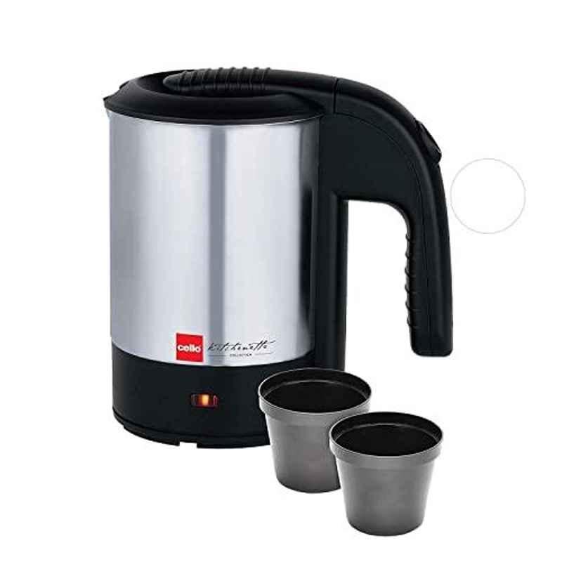 Cello Quick Boil 700 1000W 0.5L Stainless Steel Black & Silver Electric Kettle with 2 Travel Cups