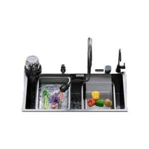 Happy Homes 30x18x9 inch Metal Black Square Double Bowl Waterfall Kitchen Sink with RO Tap