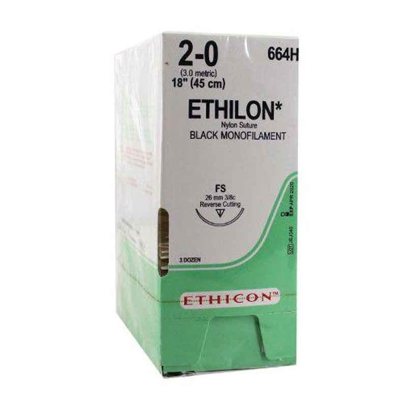 Ethicon NW3320 Ethilon 6-0 Black 10mm Monofilament Suture, Size: 70cm (Pack of 12)