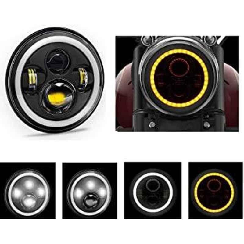 AOW 7 Inch 6 LED Headlight Dual Color DRL Ring Universal for All Royal Enfield Models, Mahindra Thar Jeep (White and Amber, Single Unit) H-42