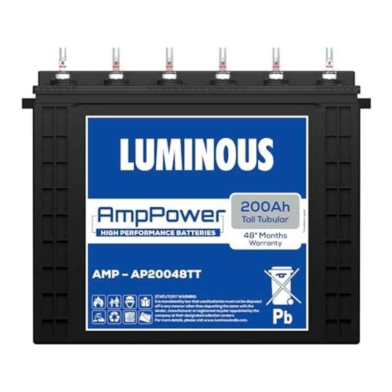Luminous AmpPower AP20048TT 200Ah 12V Tall Tubular Inverter Battery with Durable, Reliable & Easy Installation & 48 Months Warranty for Homes, Offices & Shops, F1160C917200