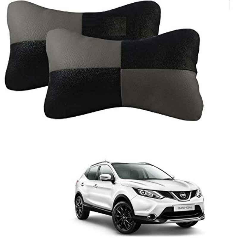 Kozdiko 2 Pcs Leather Grey & Black Neck Rest Car Cushion Pillow Set for Nissan Qashqai